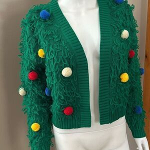 Mighty Fine Green Christmas Cardigan Sweater with loops and Pom poms